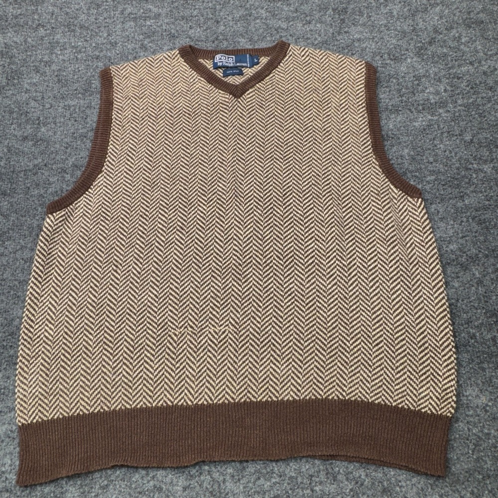 Vintage Polo Ralph Lauren Vest Mens Large Brown Silk Herringbone Knit V-Neck 90s